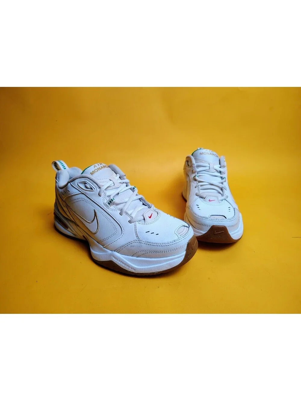 Nike Air Monarch IV White Lucky Green Gold Men's 9.5 Sneakers Shoes 415445-103